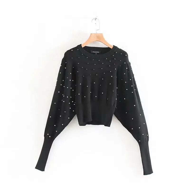 

Star Firefly Wild Self-cultivation Round Neck Short Sweater Women Casual Rivet Black Sweater Women Batwing Sleeve Short O-Neck