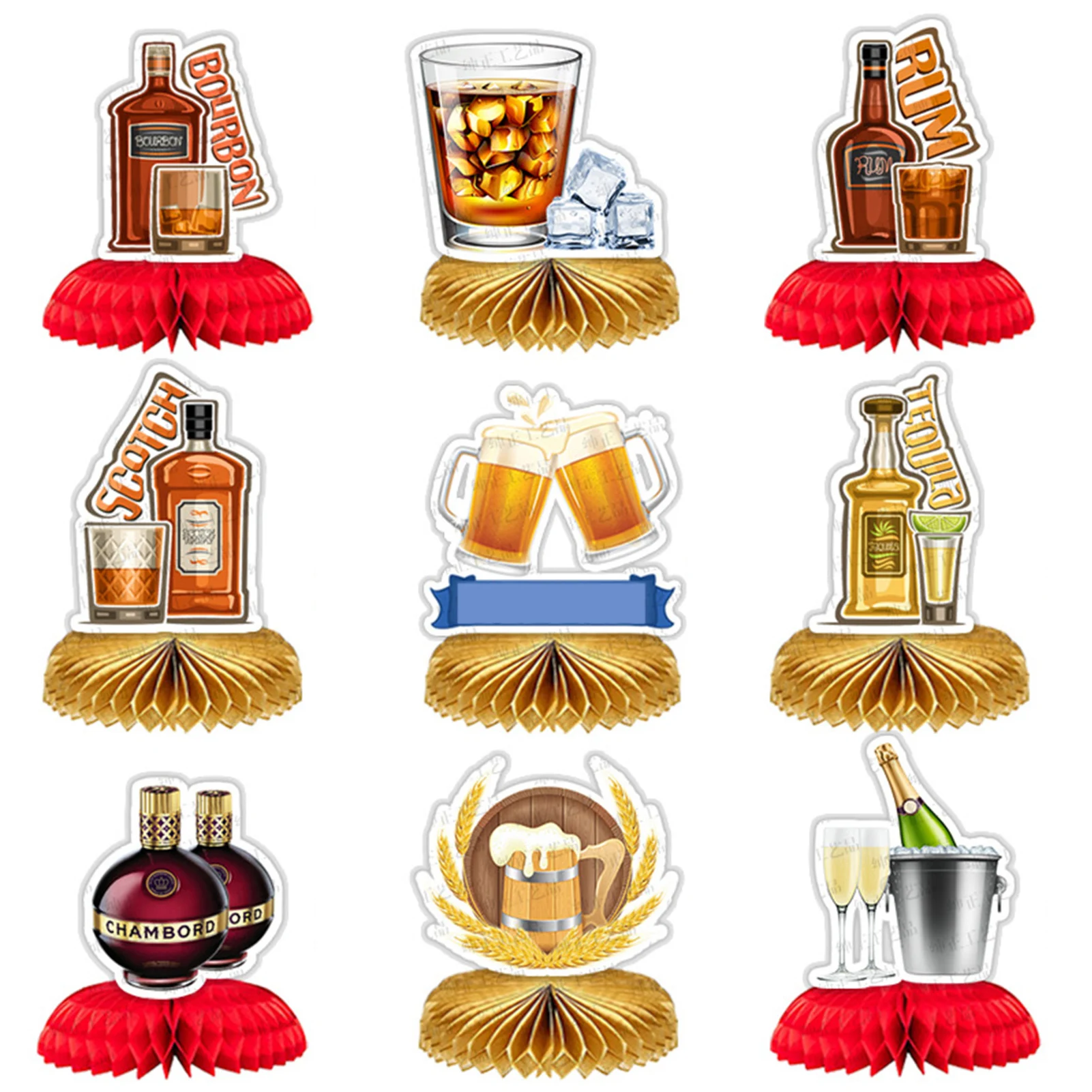 

9Pcs Whiskey Honeycomb Centerpiece Cute Pattern Whiskey Theme Honeycomb Wine Bottle Ornaments Whiskey Party Table Home Clean