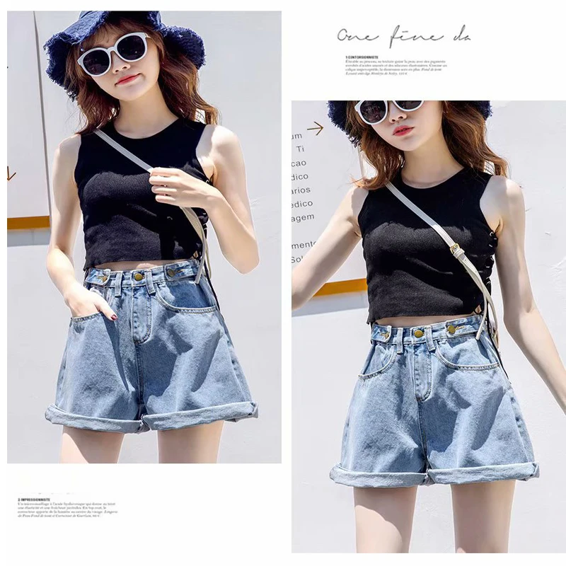 

Ladies High Waist Denim Shorts Summer New Style Korean Fashion Big Size Female Student Loose Jeans Street Women's Wide-leg Pants