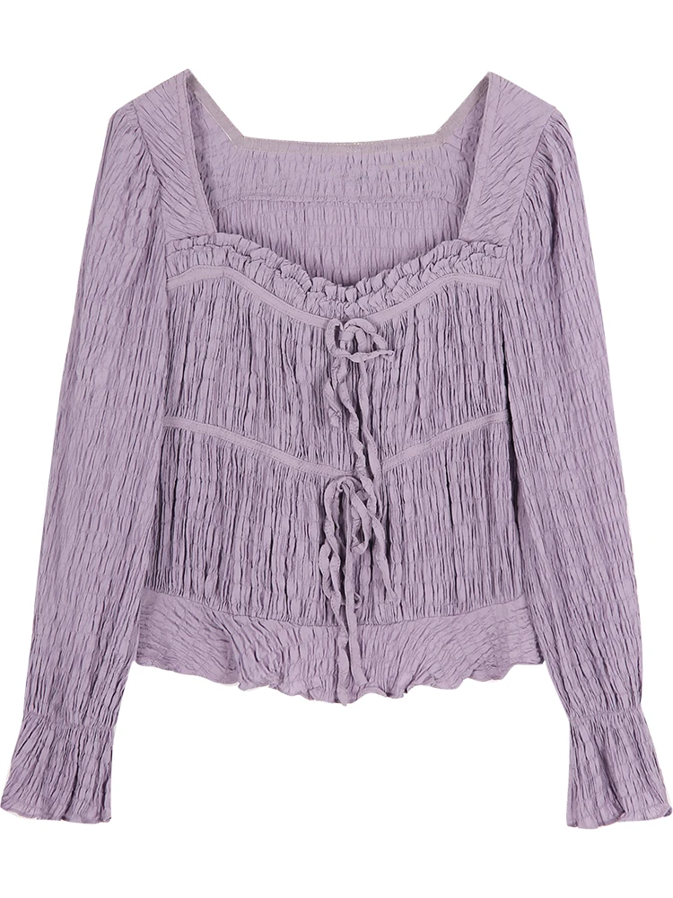 

2020 Spring and Autumn New Arrival Temperament Women's Trumpet Sleeve Fashion Purple Shirt Square Collar Fashion Shirt Female