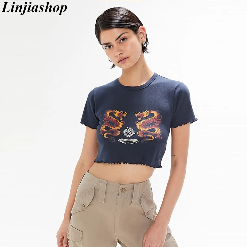 Футболка женская оверсайз с мультяшным принтом Модный повседневный кроп топ