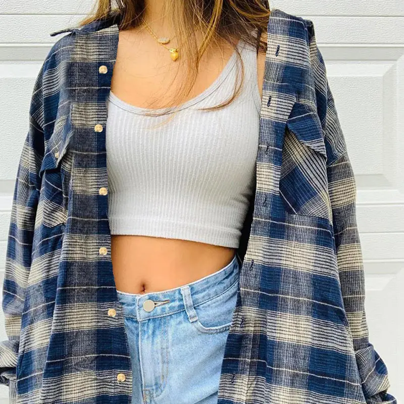 

Plaid Women's Shirt Turn-down Collar Long Sleeve Middle Length Female Jackets 2021 Autumn Pocket Casual Cardigan For Women Top