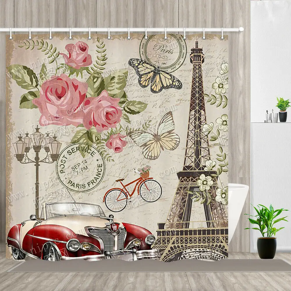 

Vintage Shower Curtain Retro Car Flower Eiffel Tower Bath Curtains