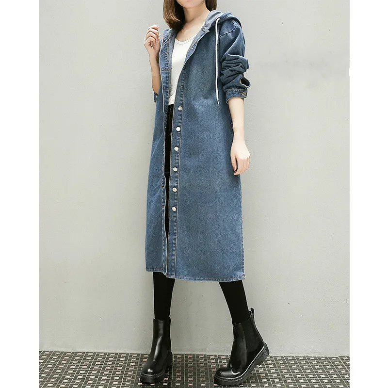 Женская джинсовая ветровка с капюшоном синяя Длинная большого размера 3xl 4xl 5xl