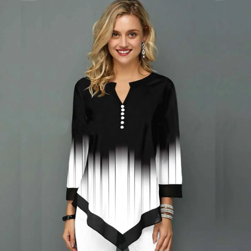 

Spring Autumn Casual Long Sleeve Gradients Printed V-Neck Button Shirt Women's Fashion Chiffon Irregular Stitched Tops T-Shirt