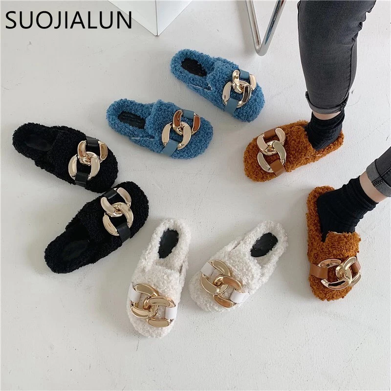 SUOJIALUN New Brand Gold Chain Women Mules Slippers Winter Warm Fur Slides Casual Flat Heel Flip Flops House Shoes Slip On Loafe | Обувь
