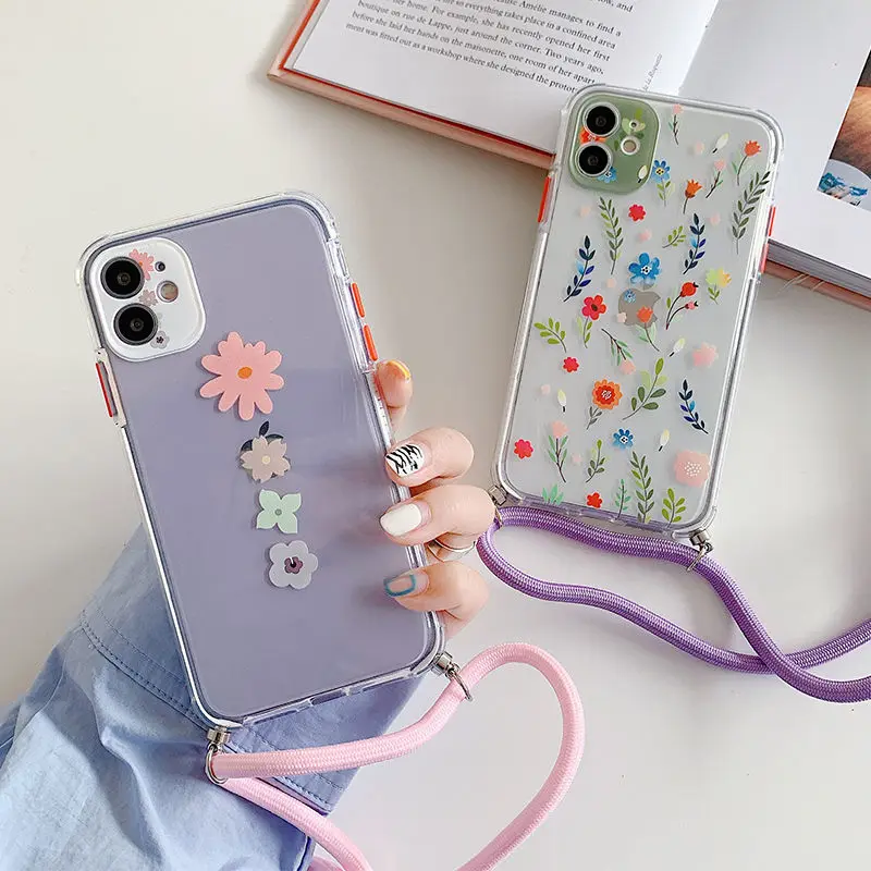 Прозрачный чехол с цветочным ремешком для телефона iPhone 11 11pro Max XR XS X 7 8 Plus 12Pro SE 2 12
