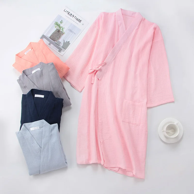 

Summer Thin Kimono Lovers 100% Cotton Crepe Robe Men And Women'S Nightgown Sleepwear Bathrobe Sweat Steam Nightdress