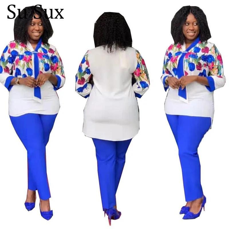 

Женский офисный костюм с цветочным принтом, комплект из двух предметов, спортивный костюм, шарф, Длинный топ и длинные брюки, африканская од...