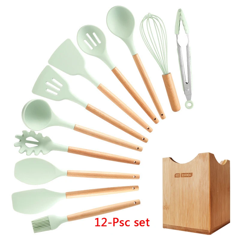 12-Pcs kitchen set 11-13 шт Силиконовая кухонная утварь набор кухонной утвари антипригарный шпатель Премиум деревянная ручка с ящиком для хранения кухонные инструменты - Цвет: 12-Pcs kitchen set