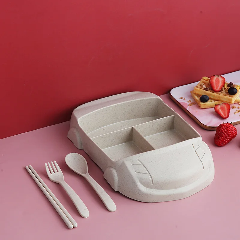 

Children's dinner plate wheat plate spoon fork household cute cartoon baby rice plate car four-piece set