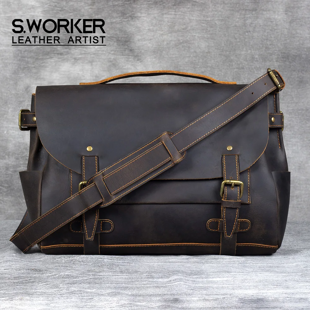 

S.WORKER Vintage Genuine Cowhide Leather Men's Briefcase Laptop Messenger Bag Crazy Horse Leather Handbag Retro concise Style