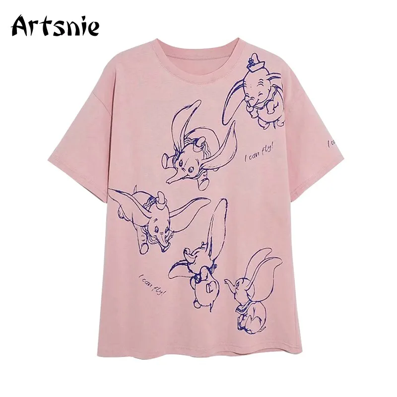 

Artsnie Disney Cartoon Print T Shirt Women Summer Pink O Neck Dumbo Tops Female Streetwear Casual Oversized Knitted T-shirts