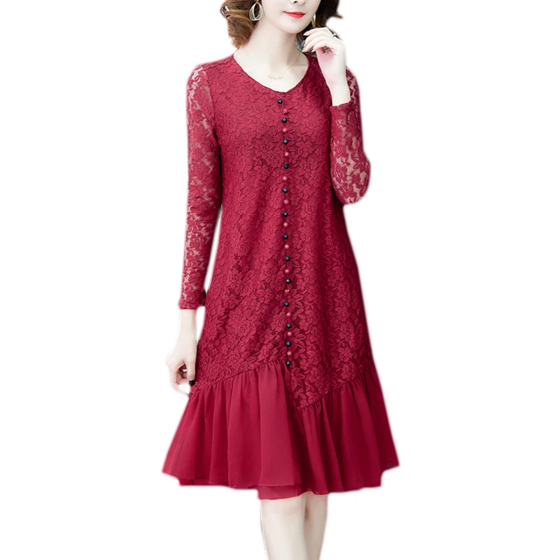 

Весеннее платье 2020 Новинка большого размера свободного кроя выше колена с кружевной строчкой с длинными рукавами и круглым вырезом модные ...