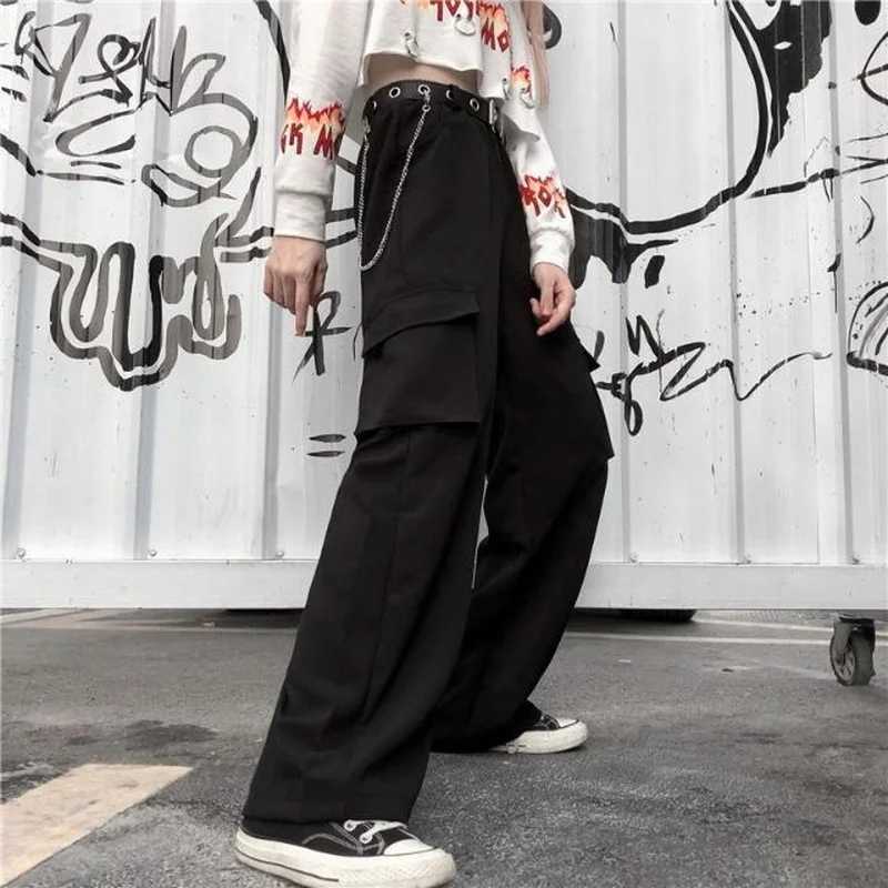 

HOUZHOU Gothic Black Cargo Pants Harajuku Chain Wide Leg Jogger Baggy Pants Streetwear Techwear Casual Loose Gray Trouser Female