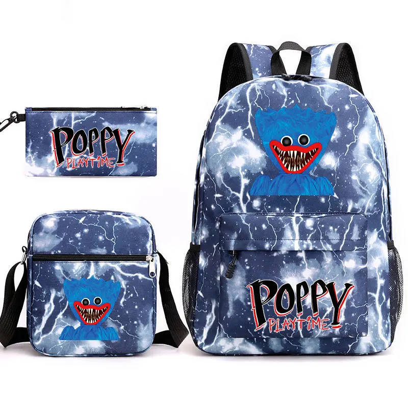 Conjunto de tres piezas de juego Huggy Wuggy Poppy Playtime, bolso de hombro + mochila + bolso para bol&iacute;grafos 3 en 1, novedad de 2021-3