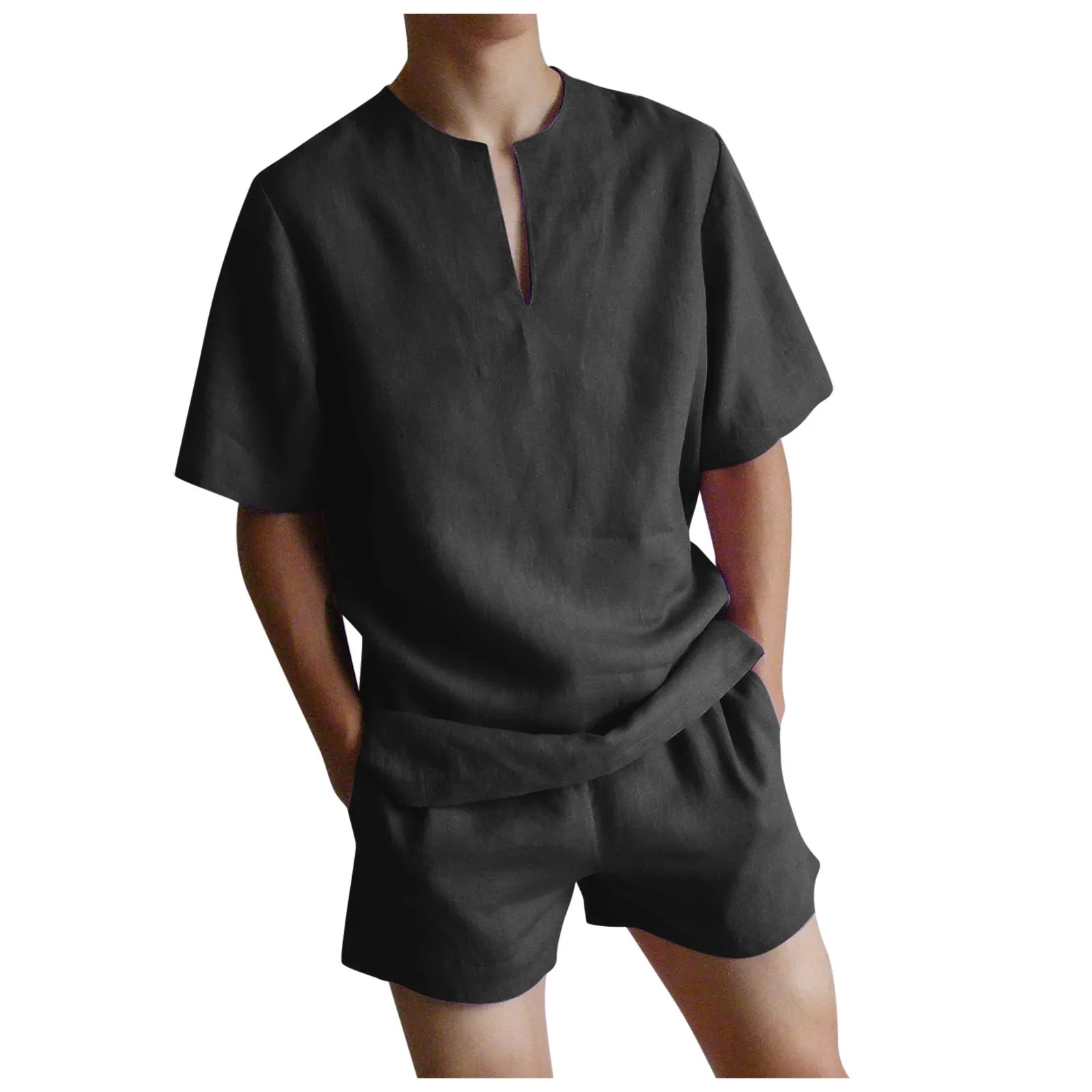 

Solid Color Men's Clothing Large Size Tracksuit Linen Short Tshirt Summer Suit Clothing Track Suit Cotton Set 4