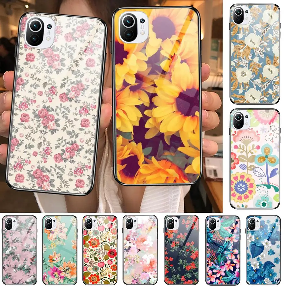 

Floral Beautiful Flowers Rose Sunflower Tempered Glass Phone shell Case For xiaomi redmi 11 Lite pro Ultra 10T 10 9 8 cc se Cove