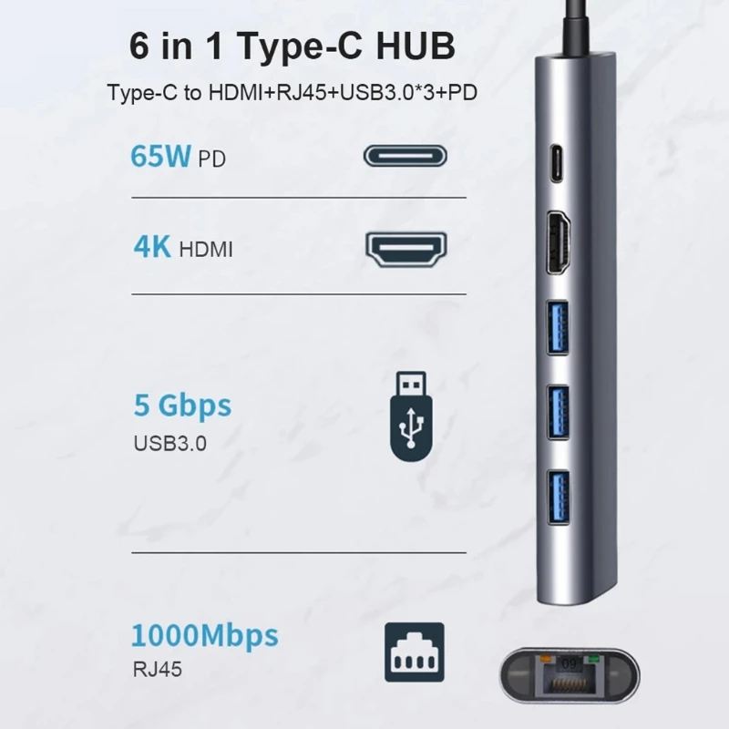 Док-станция 67JA 6 в 1 USB 1000 Тип C к 4K HDTV RJ45 3 0 M LAN Ethernet с PD адаптером разветвитель |