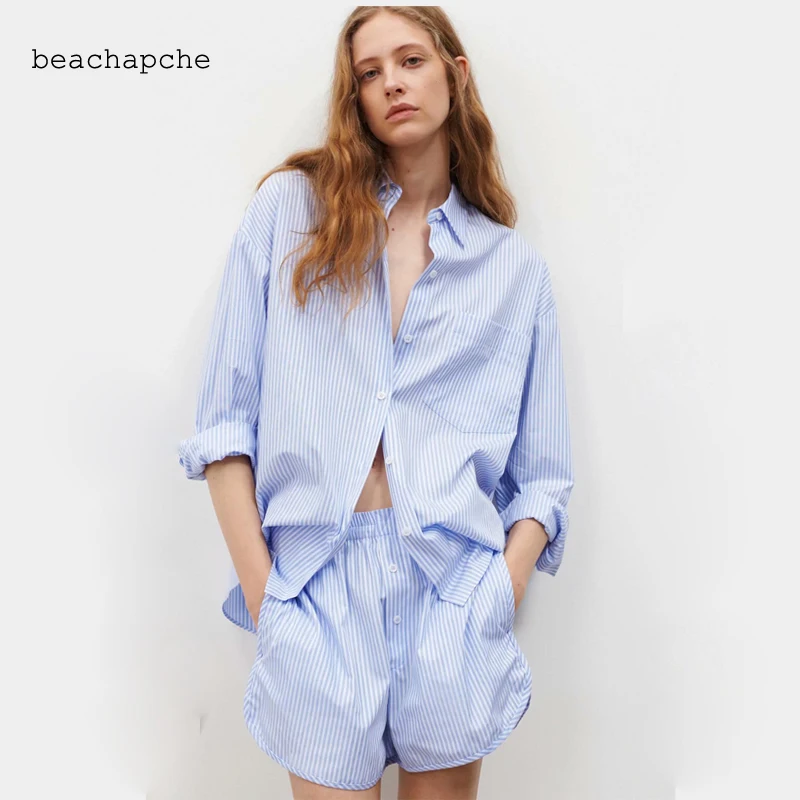 

Beachapche Loung Wear Tracksuit Women Shorts Set Stripe Long Sleeve Shirt Tops And Loose High Waisted Mini Shorts Two Piece Set