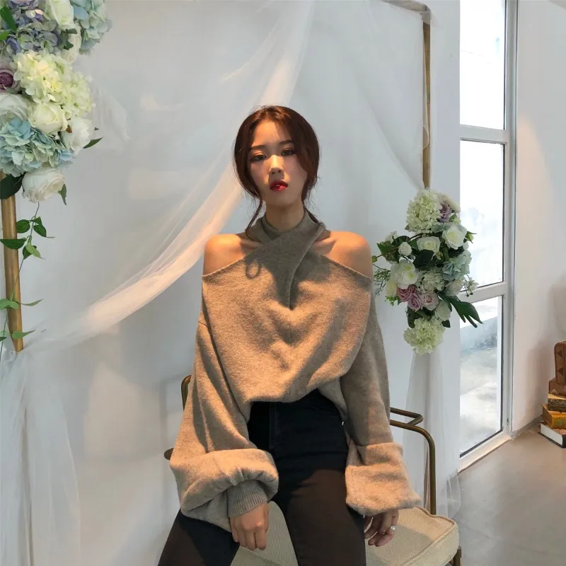 Женский трикотажный свитер в стиле ретро пуловер оверсайз с открытыми плечами и