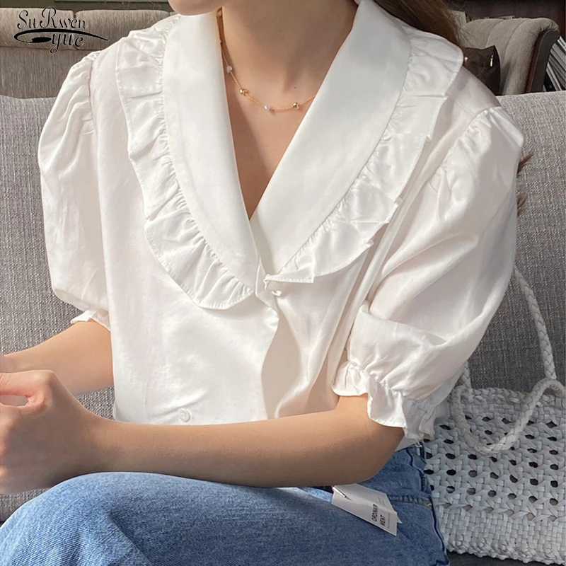 

Chic Puff Short Sleeve White Women Blouses Korean Sweet Turn-down Collar Ruffled Shirt Woman Elegant Ladies Tops Blusas 14364