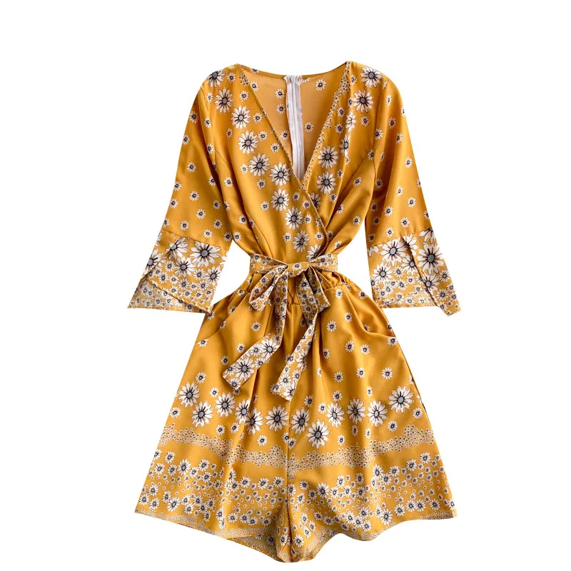 

European American Holiday Style Printed Jumpsuit Women's Summer Dress Irregular Sleeves Slim Short Wide-leg Pants GL229