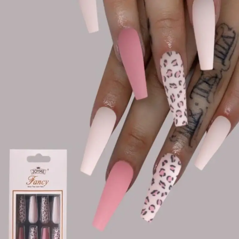 

30Pcs Pink Leopard Designs False Nails French Long Coffin Fake Nail Fashion Artificial Full Cover Nail Art Tips Press on Nail