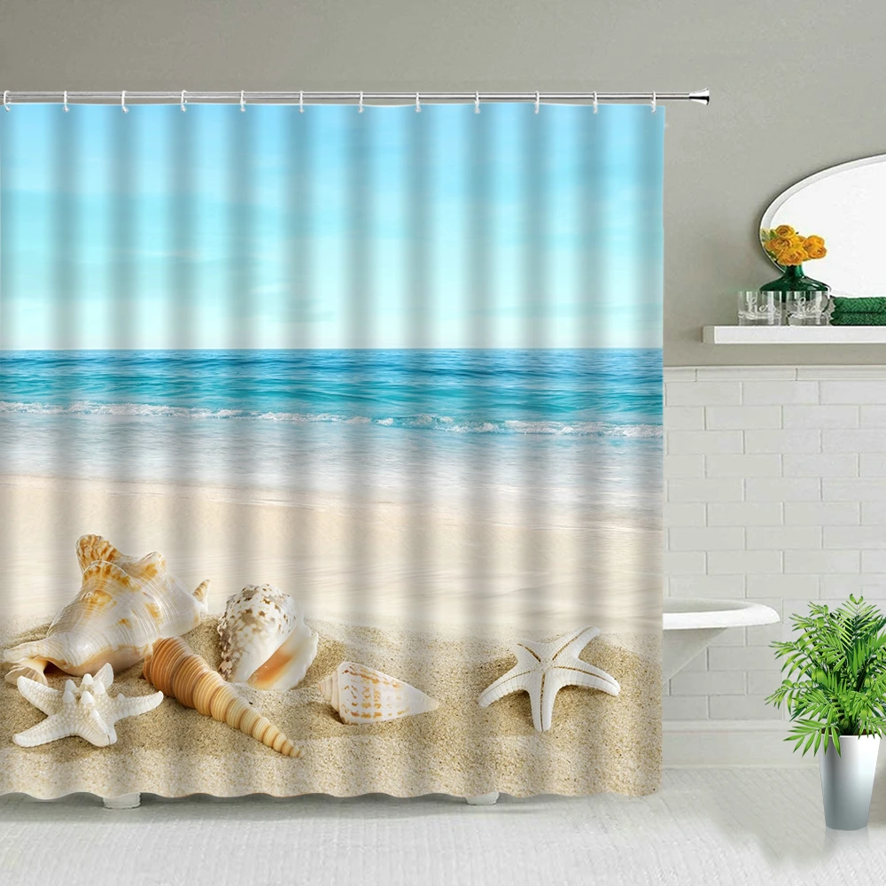 

Unique Sunlight Beach Design Dolphin Palm Tree Shower Curtain Set Ocean Scenery Shell Starfish Sea Turtle Bathtub Decor Curtains