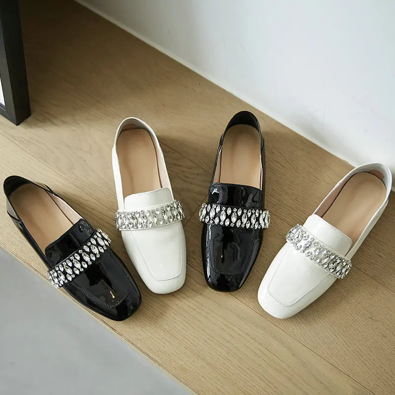 

QUTAA 2021 Spring Autumn Square Toe Low Heel Shallow Ladies Shoes Crystal Genuine Leather Elegant Women Pumps Size 34-40