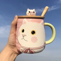 ceramic cute cat mugs with lid spoon straw coffee tea milk water cup with handle 400ml drinkware