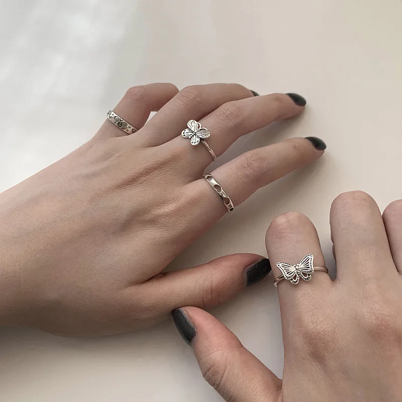 

Todorova New Korean Punk Vintage Adjustable Rings Retro Silver Color Butterfly Open Rings For Women Men Party Jewellery