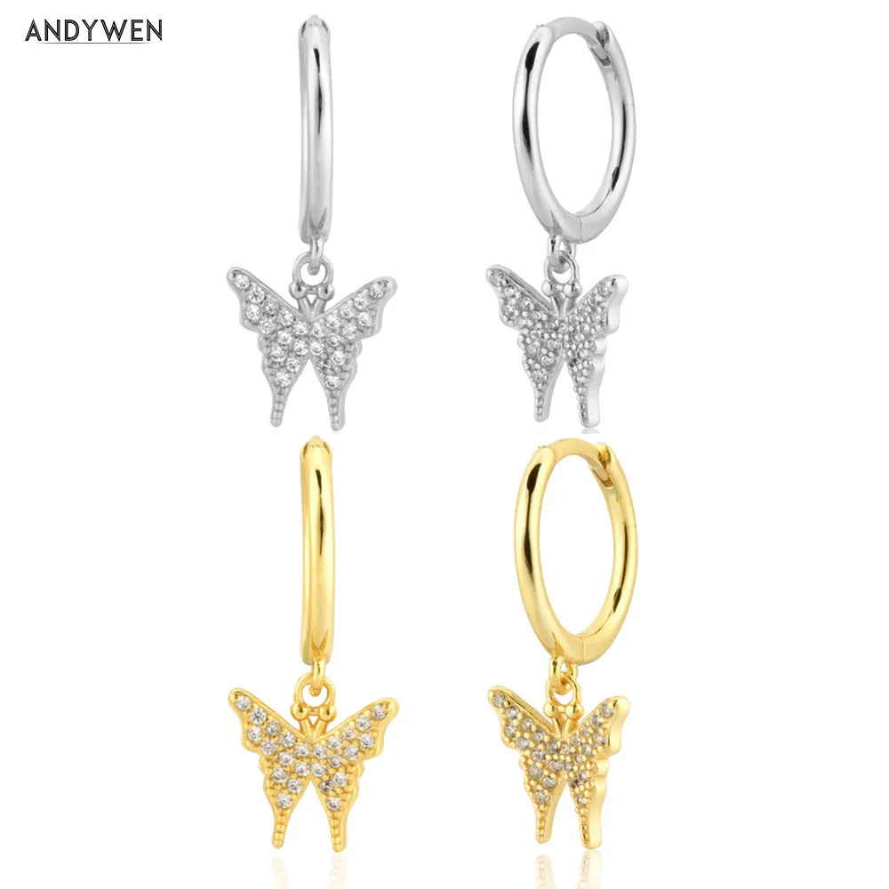 

Серьги-подвески ANDYWEN из стерлингового серебра 925 пробы с золотистыми бабочками и прозрачными фианитами, коллекция весны, Женские Ювелирные ...