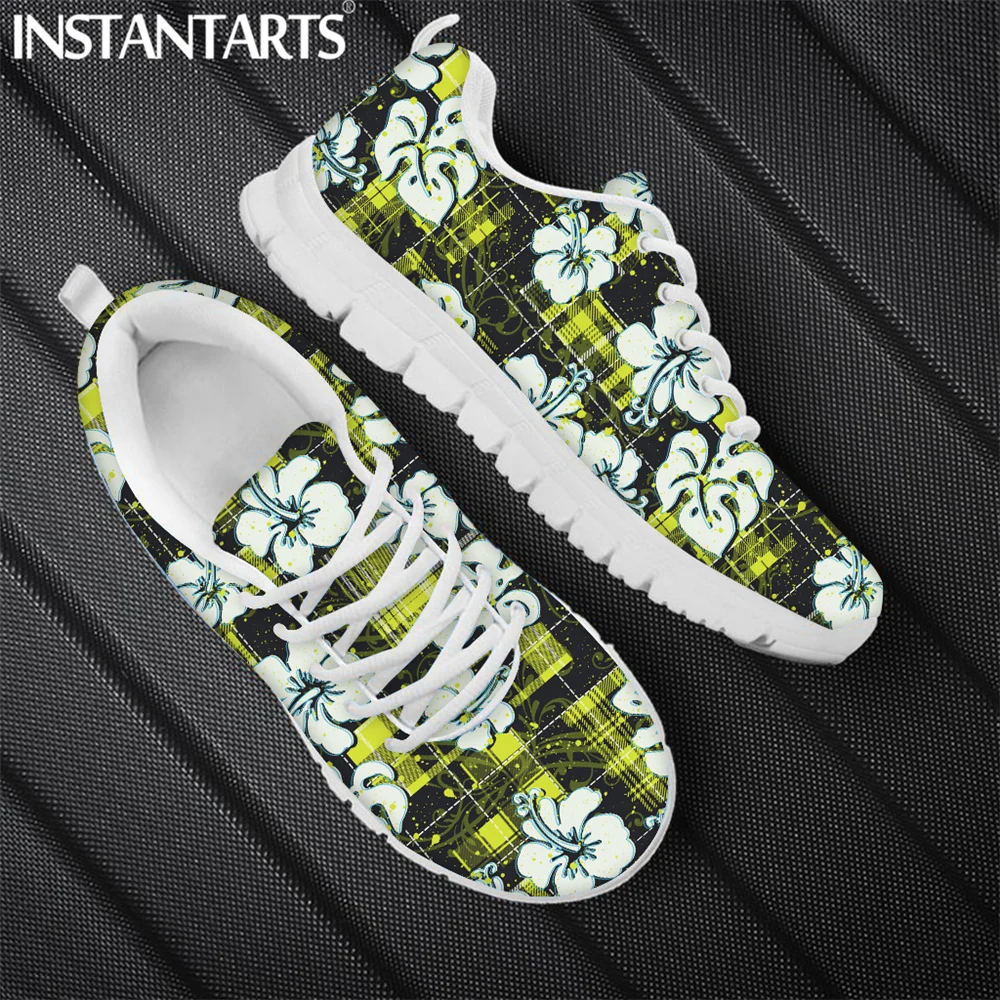 

INSTANTARTS Fashion Hawaii Hibiscus Geometric Pattern Ladies Sneakers Shoes Comfort Lace up Flat Shoes Warm Breathable Zapatos