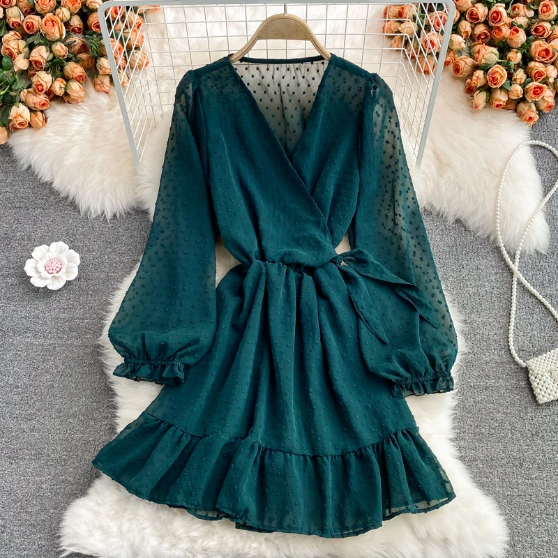 

YIZZHOY New Spring Autumn Slim Casual Fashion Long Sleeve V-neck Bubble Sleeve Pleated Ruffle Chiffon Dress