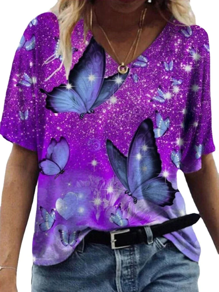 

2021 Women'S Summer T-Shirt New V-Neck Floral Print, Stitching, Positioning Flowers Short Sleeves Are Suitable For Casual Clcey