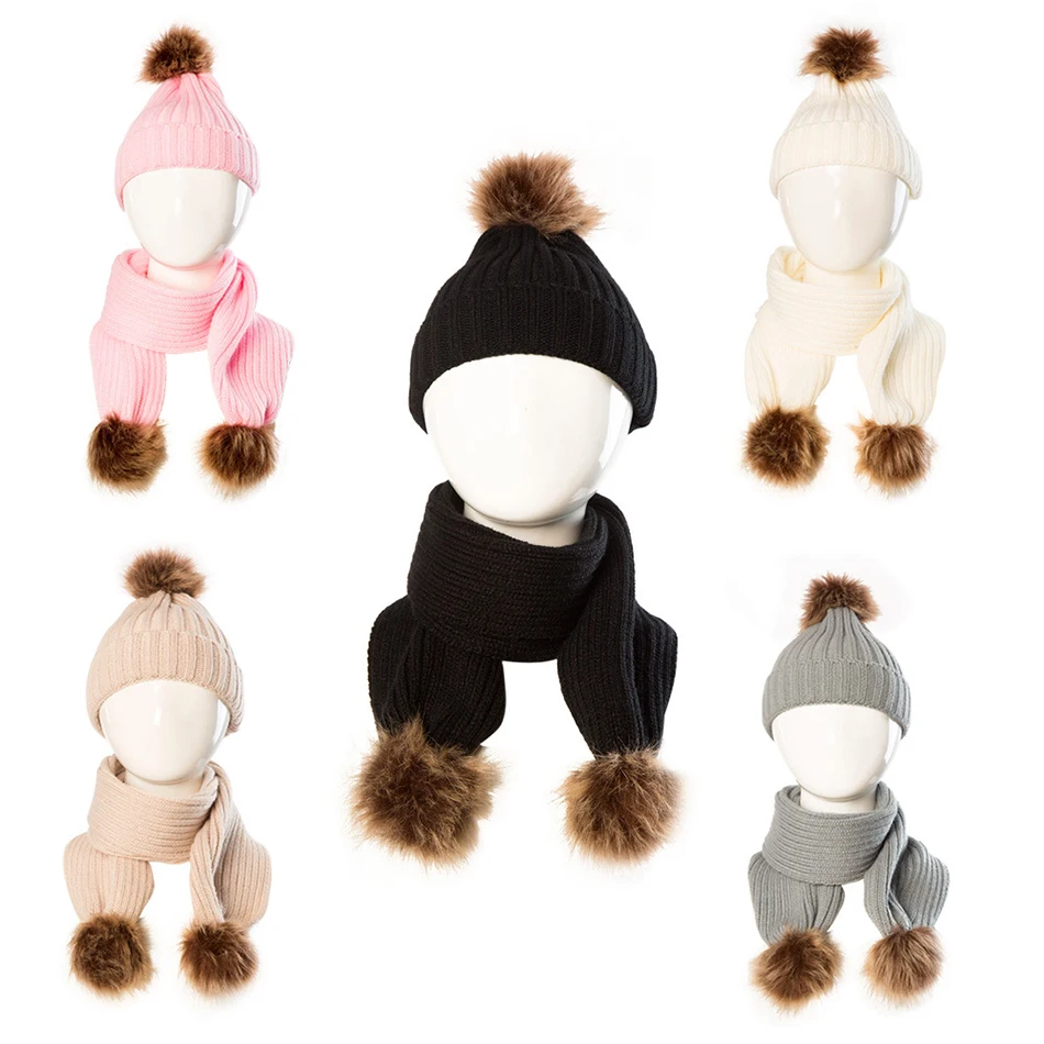

2Pcs Toddler Hat Baby Girls Boys Winter Warm Knitted Wool Hemming Hat Beanie Cap Scarf Keep Warm Set 0-2 Year Kids Hat