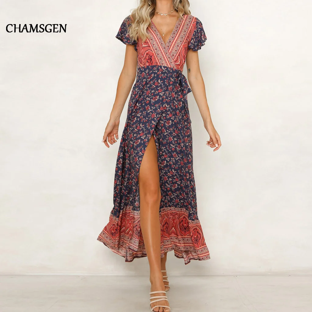 CHAMSGEND 2020 летнее женское платье с V образным вырезом и коротким рукавом в богемном