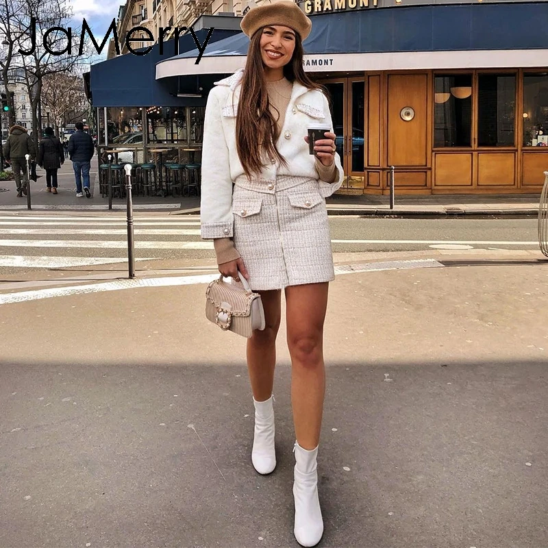 Женский твидовый костюм JaMerry винтажный из двух предметов с юбкой и искусственным