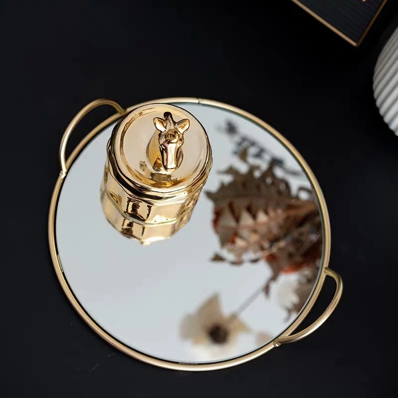 

Brass Handle Storage Tray Glass Mirror Jewelry Display Tray Gourmet Photo Plate Crafts Gift Home Living Room Decorations