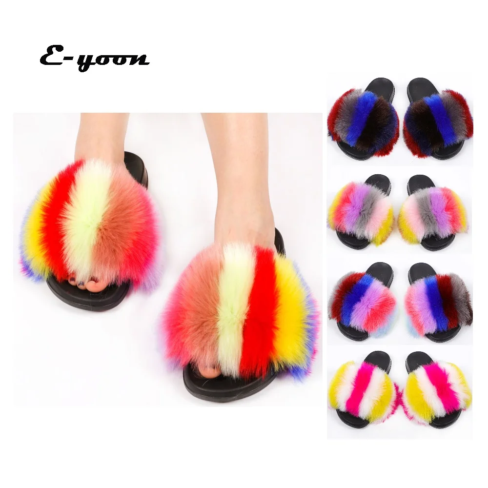 

Женские меховые тапочки 2021, женская обувь, Симпатичные плюшевые пушистые сандалии из лисьего меха, женские меховые тапочки, летние или весе...