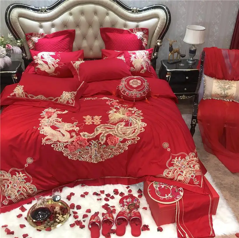 Египетский хлопок китайские свадебные красные постельное белье шикарный