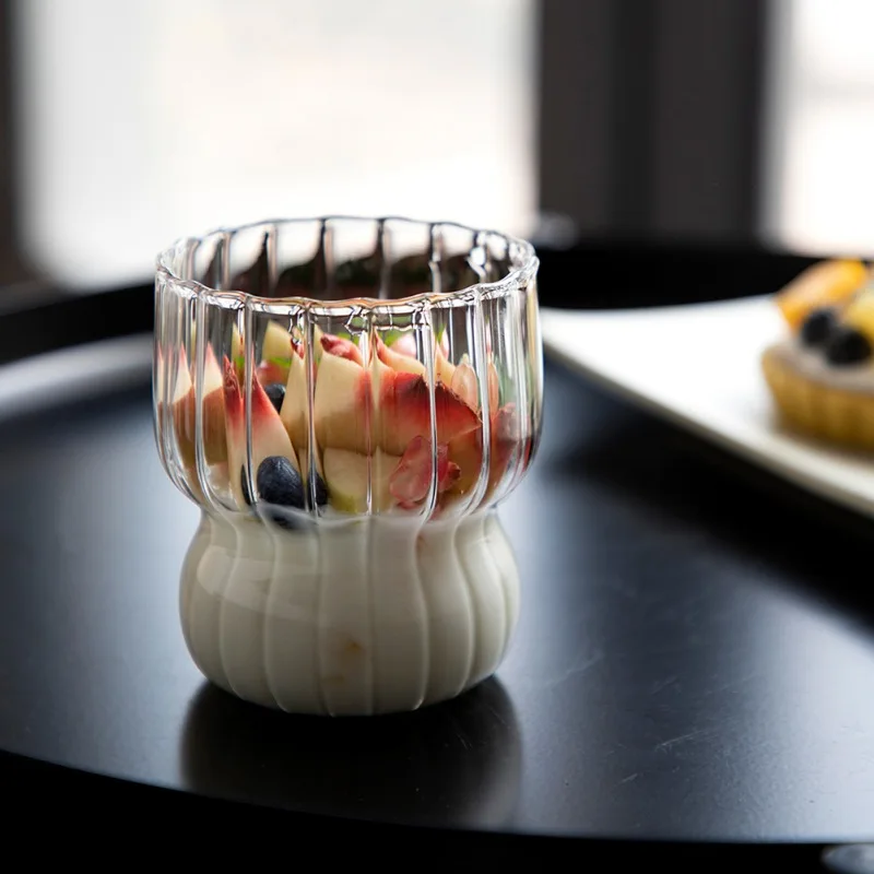 

260ml Heat Resistant Cup Breakfast Oatmeal Clear Ice Cream Whisky Beer Glass Cup Mug Cute Striped Fat Cup