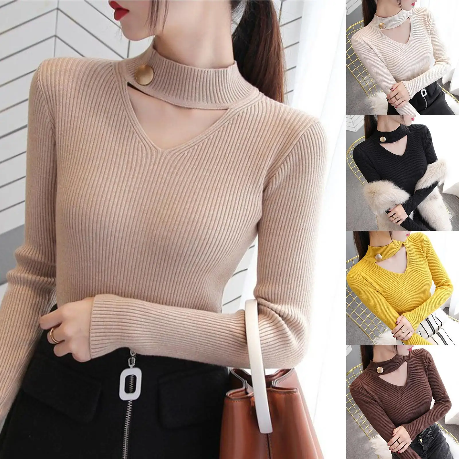 

Women Blouse Button V Neck Knitted Solid Color Autumn Elegant Pull Female Winter High Stretch Ladies Top