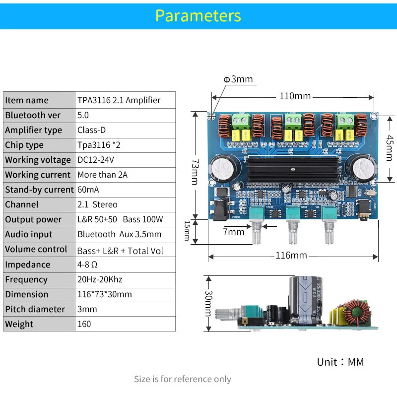 Плата усилителя мощности аудио UNISIAN TPA3116 5 0 Bluetooth 2 1 50 Вт x2 + бас 100 TPA3116D2 Hi Fi цифровой