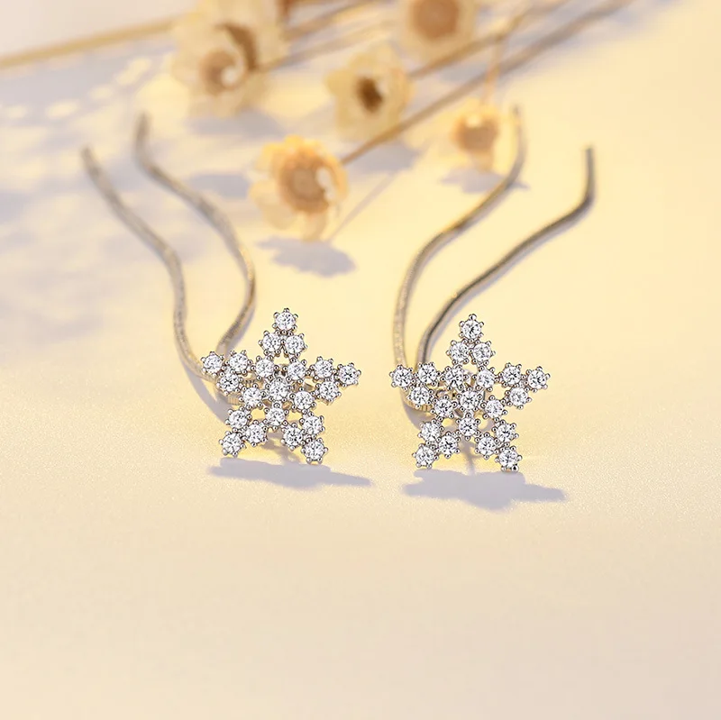 

Dainty Female Snowflake Long Drop Earring Rose Gold Silver Color Wedding Earrings For Women Luxury White Crystal Dangle Earrings