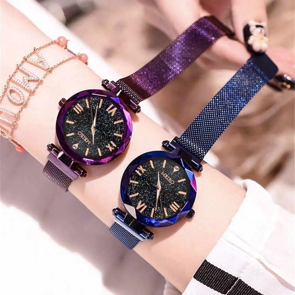 

Women Mesh Magnet Buckle Starry Sky Roman Numeral Watch Casual Luxury Ladies Geometric Surface Quartz Watches Relogio Feminino