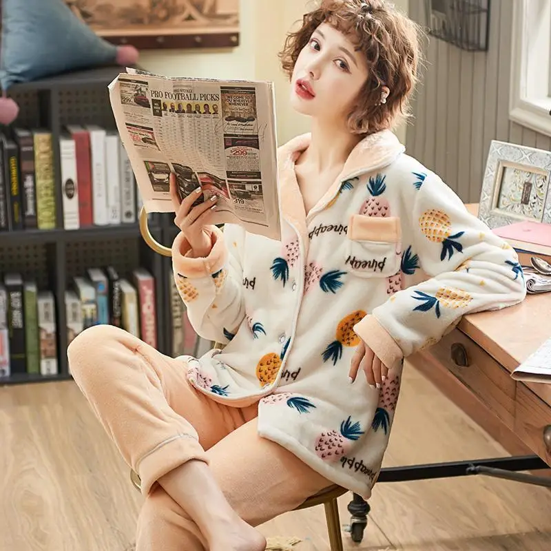 

Thick Warm Flannel Pajamas Sets For women Winter Pajama Set Long Sleeve Full Trousers Female pyjama Girl Sleepwear