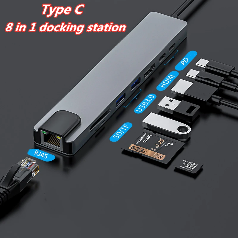 Тип c док станция совместимому с hdmi USB3.0 RJ45 PD USB C концентратор 4K Портативный