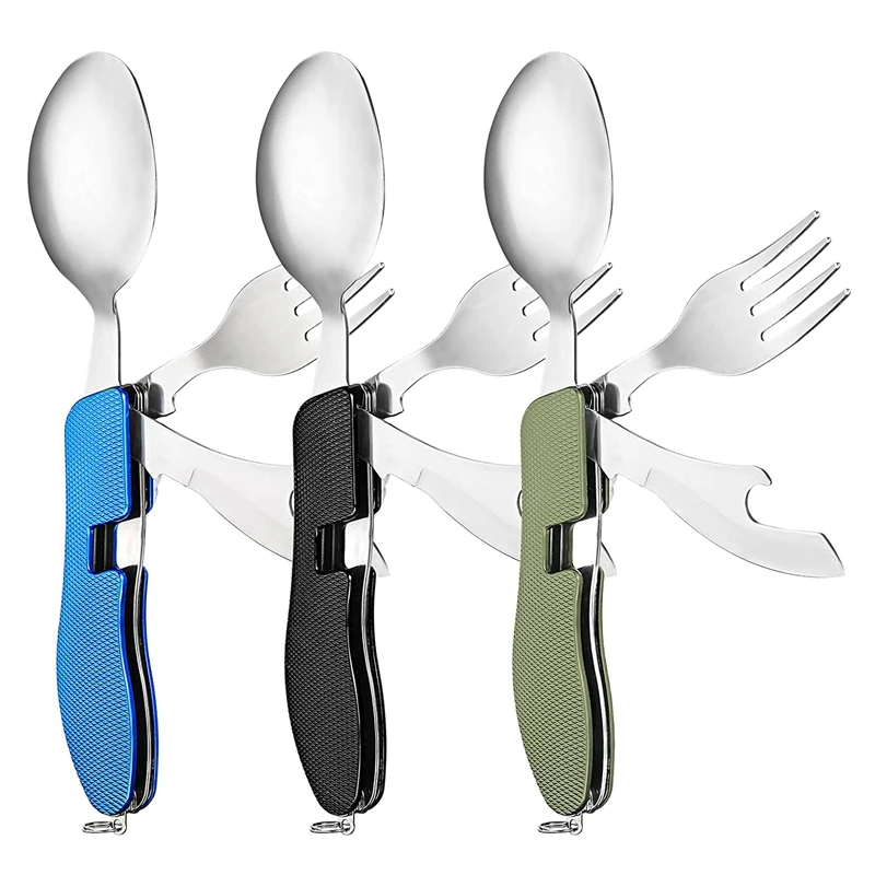 

3 Pcs 4-In-1 Camping Utensils Folding Stainless Steel Spoon Fork Knife Bottle Opener Combination Set for Outdoor Travel